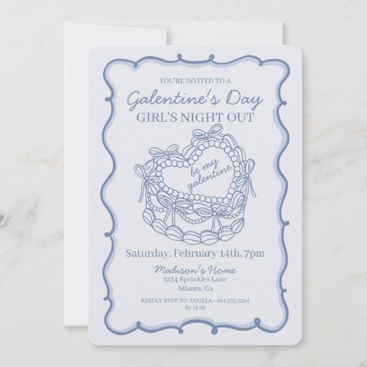 Invitation Nœud Bleu Rétro Cœur Coquette Cake Galentine (Devant)