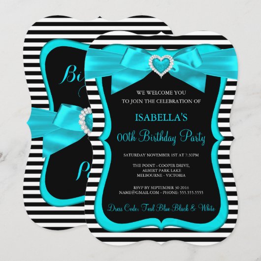 Invitation Nœud bleu sarcelle rayure noire et blanche Fête d' (Devant / Derrière)