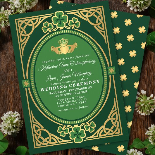 Invitation Nœud celtique Claddagh Trèfle Mariage Vert