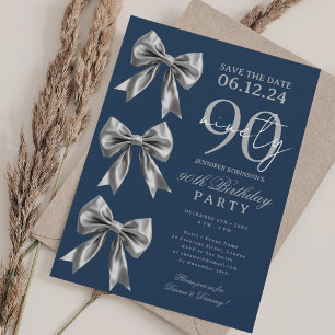 Invitation Nœud Coquette Argent 90e Anniversaire marine