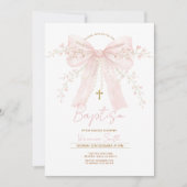 Invitation Nœud Coquette Rose Perles Baptême (Devant)