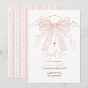 Invitation Nœud Coquette Rose Perles Baptême