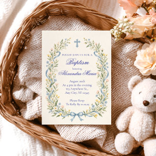 Invitation Nœud de baptême de fleur sauvage bleu poussiéreux