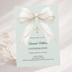 Invitation Nœud de confirmation perles ivoire fille vert saug