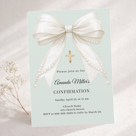 Invitation Nœud de confirmation perles ivoire fille vert saug