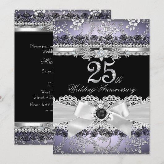 Invitation Noeud de perle en dentelle argent violet 25e anniv (Devant / Derrière)