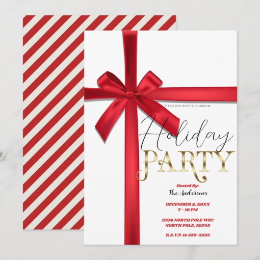 Invitation Nœud de ruban de satin rouge pour la fête de Noël (Devant / Derrière)