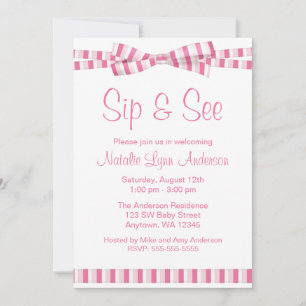 Invitation Nœud de ruban rayé rose Sip and See