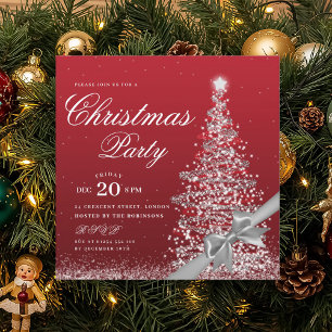 Invitation Nœud élégant argent et rouge pour l'arbre de Noël