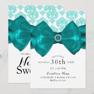 Invitation Nœud en Damas turquoise et blanc Glam Chic Fête Sw