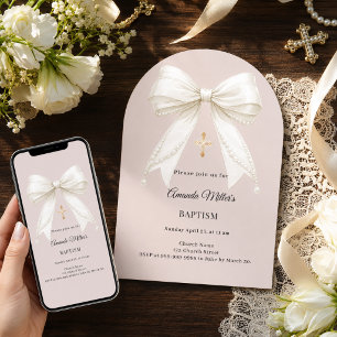 Invitation Nœud en ivoire taupe perles arche Baptême