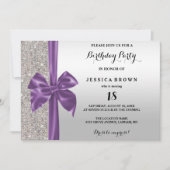 Invitation Nœud en soie violette et sequins argentés 18ème an (Devant)