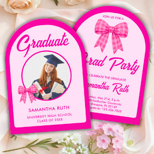 Invitation Nœud en vichy rose vif en forme d'arche pour photo