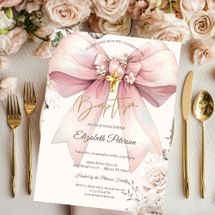 Invitation Nœud floral élégant Croix dorée Roses Crème Baptêm