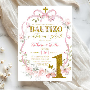 Invitation Nœud Floral Rose Coquette Papillon Baptême Espagno