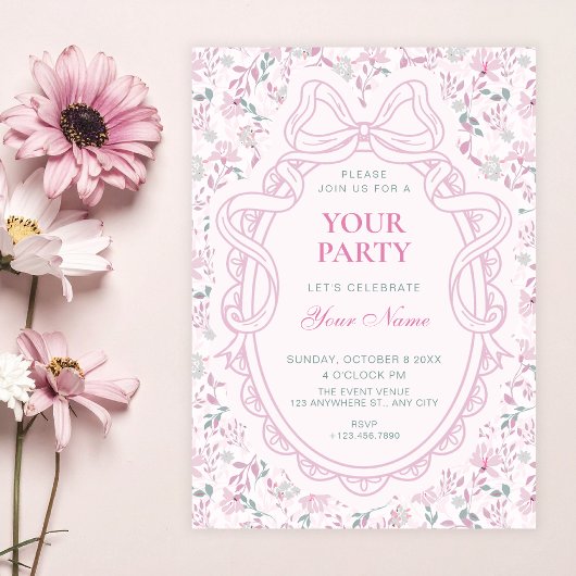 Invitation Nœud floral rose doux