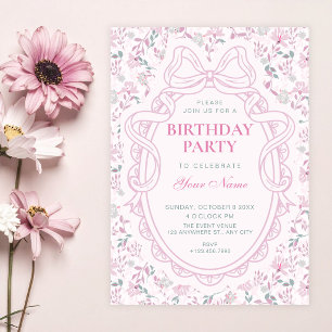 Invitation Nœud floral rose doux anniversaire