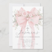 Invitation Nœud floral rose pâle Première Sainte Communion (Devant)