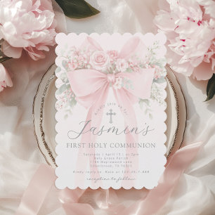 Invitation Nœud floral rose pâle Première Sainte Communion