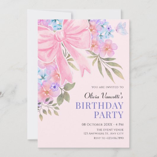 Invitation Nœud floral violet rose anniversaire (Devant)