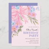 Invitation Nœud floral violet rose anniversaire (Devant / Derrière)