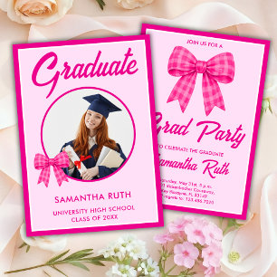Invitation Nœud Gingham Rose Chaud Photo Fête de Remise de Di