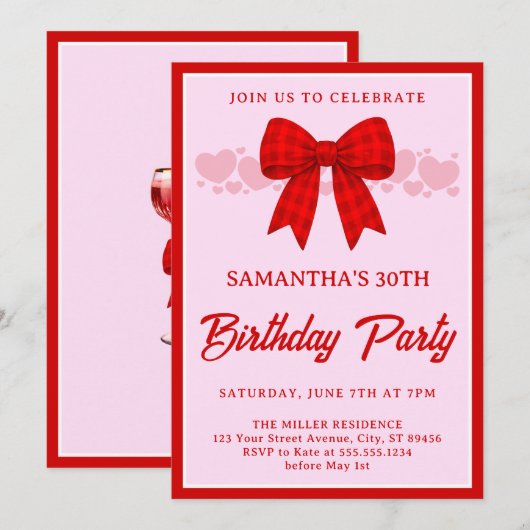 Invitation Nœud Gingham Rouge 30e Anniversaire (Devant / Derrière)