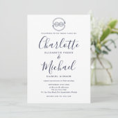 Invitation Nœud Naudtique Bleu Marine Écriture Mariage (Debout devant)