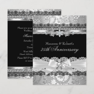 Invitation Nœud noir en dentelle et perle d'argent 25e annive