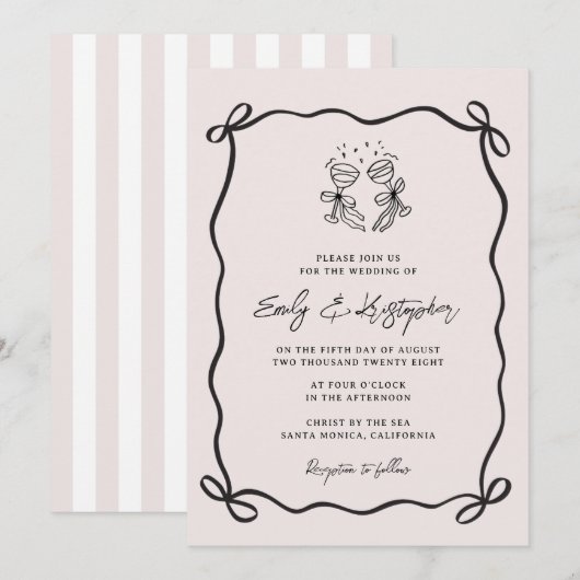 Invitation Nœud Papillon Coquette Rose Mariage (Devant / Derrière)