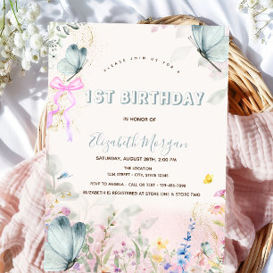 Invitation Nœud papillon Fleurs sauvages Papillons bleus  1er