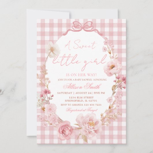 Invitation Nœud Papillon Gingham Rose Fête de Naissance Bébé (Devant)