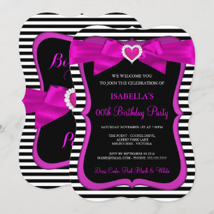 Invitation Nœud papillon rose cœur noir blanc rayé Fête d'ann