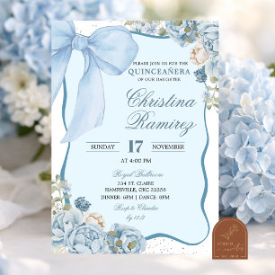Invitation Nœud poussiéreux bleu coquette florale Quinceanera