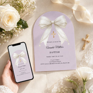 Invitation Nœud poussiéreux lavande ivoire perles arche Baptê