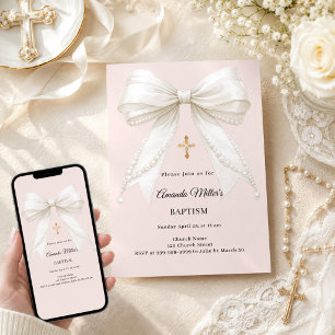 Invitation Nœud poussiéreux rose champagne perles Baptême