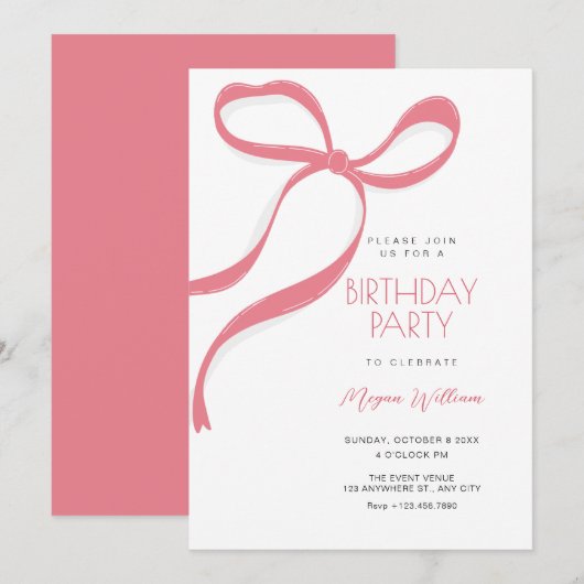 Invitation Nœud rose anniversaire (Devant / Derrière)