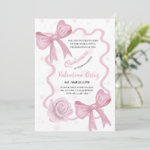 Invitation Nœud rose blush coquette floral Quinceanera