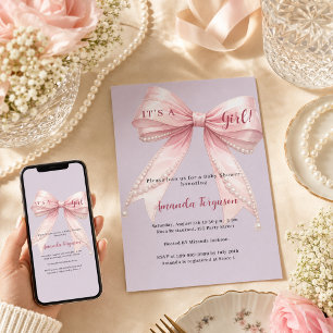 Invitation Nœud rose c'est une fille Baby Shower lavande