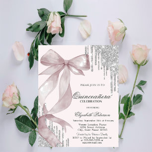 Invitation Nœud rose chic paillettes argentées Quinceañera