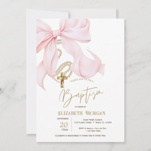 Invitation Nœud rose chic Perles Croix Points Baptême (Devant)