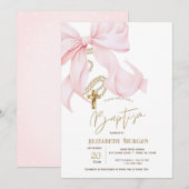 Invitation Nœud rose chic Perles Croix Points Baptême (Devant / Derrière)