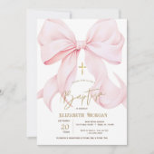 Invitation Nœud rose élégant croix dorée points baptême (Devant)