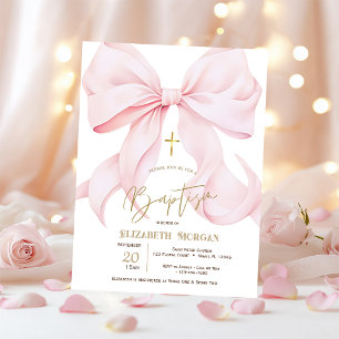 Invitation Nœud rose élégant croix dorée points baptême