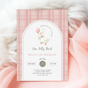 Invitation Nœud Rose Gingham Un Canard Idiot Fête du 1er Anni