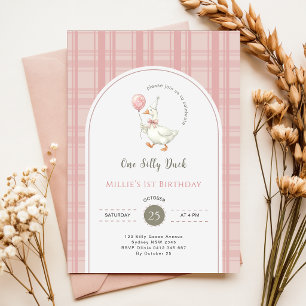 Invitation Nœud Rose Gingham Un Canard Idiot Fête du 1er Anni