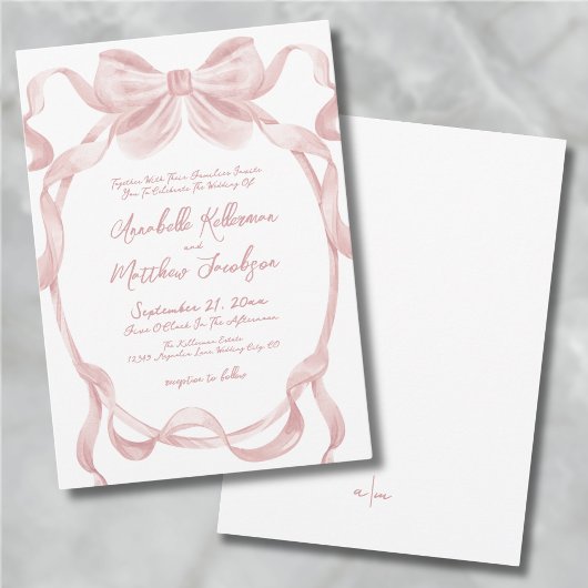 Invitation Nœud Rose Pâle Élégant Mariage Fantaisiste