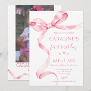 Invitation Nœud Rose Pâle Pastel 1er Anniversaire 