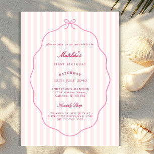 Invitation Nœud Rose Rubis Rayures Classique Anniversaire Fil