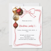 Invitation Noeud rouge baubles dorés Fête de Noël (Devant)